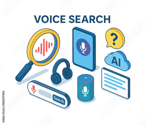 Voice search isometric icon set. featuring magnifying glass, microphone, headphones, ai cloud, and tablet symbols