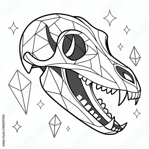 A striking geometric illustration of a canine skull adorned with sparkling crystal shapes and delicate star accents