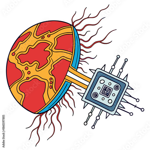 A vibrant illustration depicts a fusion of organic and technological elements showing a brain connected to a circuit board