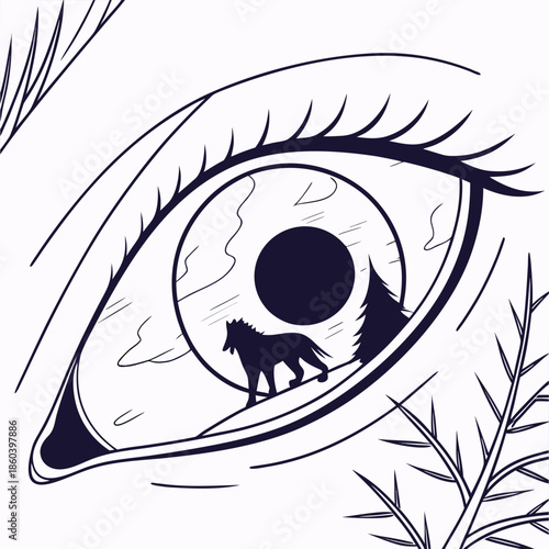 A striking illustration of an eye containing a detailed landscape with a howling wolf under a moonlit sky