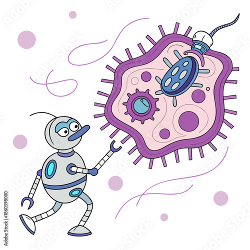 A robotic figure attempts to repair a complex colorful bacterial cell with intricate internal machinery surrounded by swirling lines