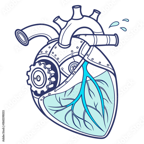A stylized illustration showcases a mechanical heart blending organic form with intricate gears and plumbing details