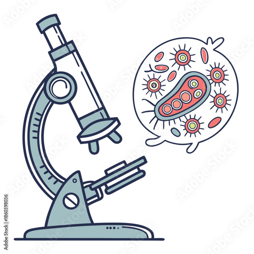 A detailed illustration depicts a microscope alongside a visual representation of various microbes showcasing scientific research