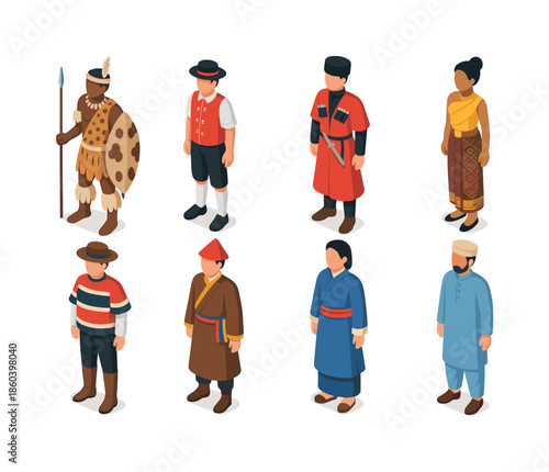 Cultures silhouette icon set. featuring maasai, bavarian, cossack, thai, peruvian, tibetan, korean, middle eastern