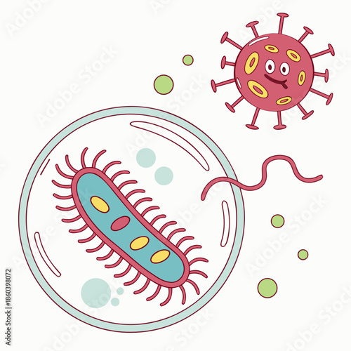 Illustration depicting a virus and bacteria with a petri dish showing microbial life forms in a scientific context