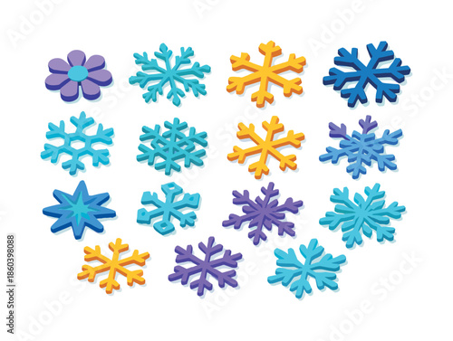 Winter elements flat icon set. featuring snowflake, flower, and star symbols