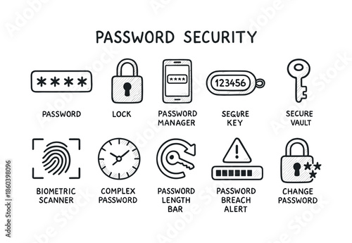 Security linear icon set. featuring password, lock, manager, key, vault, scanner, complex, length, breach, change