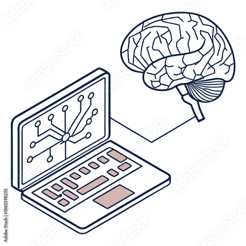 The intersection of artificial intelligence and the human brain is showcased through a laptop and brain illustration