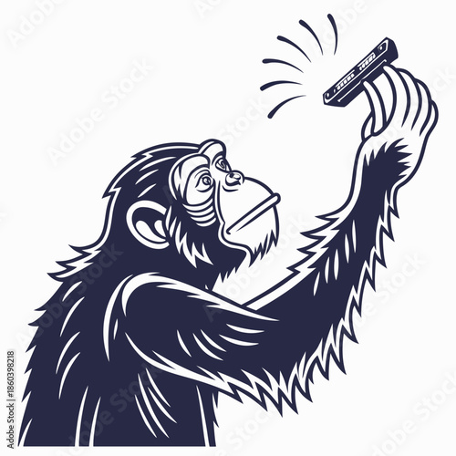 A curious monkey intently examines a small electronic device raising its hand to investigate the technology