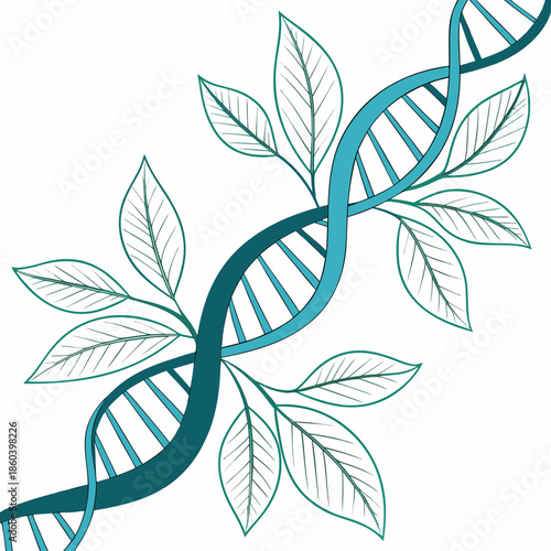 A striking teal illustration depicts a dna double helix entwined with delicate stylized green leaves and stems