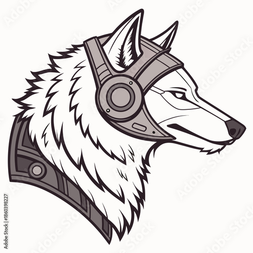 A striking illustration of a wolf s head adorned with futuristic cyberpunk headphones and mechanical enhancements showcasing a unique blend