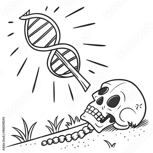 A stark illustration depicting a dna helix and a skull emerging from the ground with blades of grass