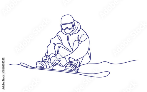 A snowboarder sits on a snowy slope, adjusting their gear in a cool continuous line design.