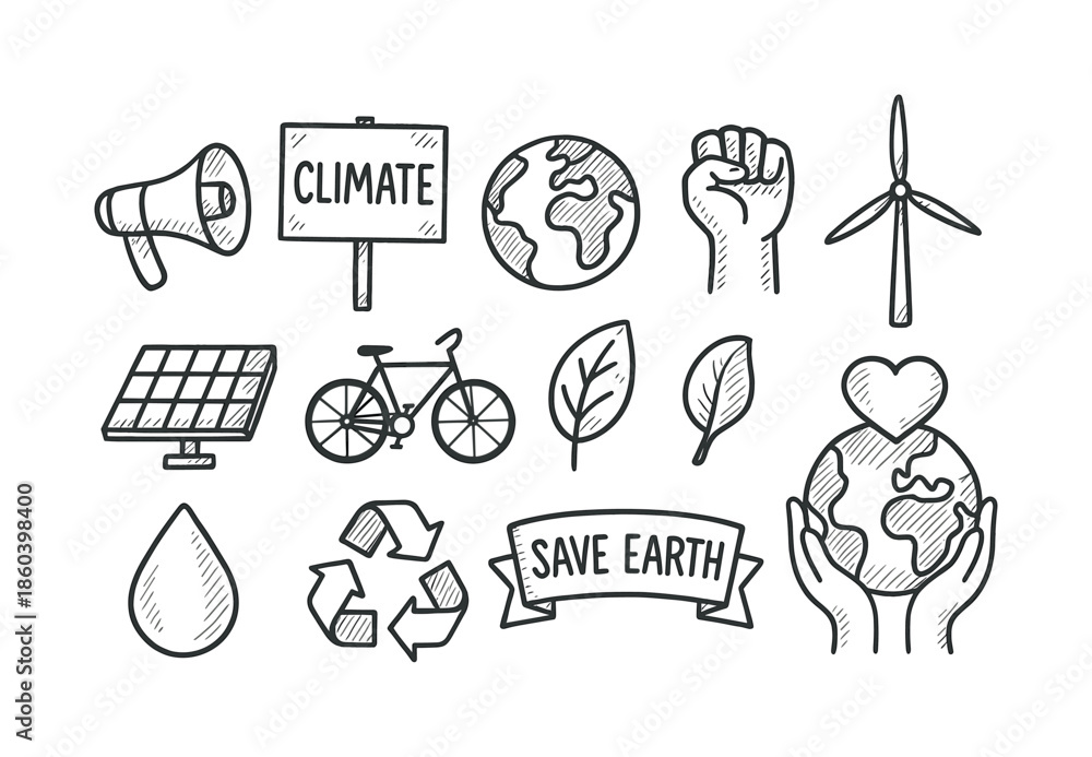 Fototapeta premium Environmental protection linear icon set. featuring climate, earth, wind, solar, recycle, bike, and nature symbols
