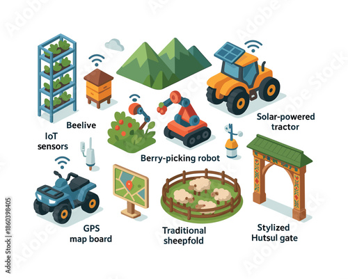 Agriculture and iot isometric icon set. iot sensors, beehive, tractor, robot, map board, sheepfold, gate, mountains