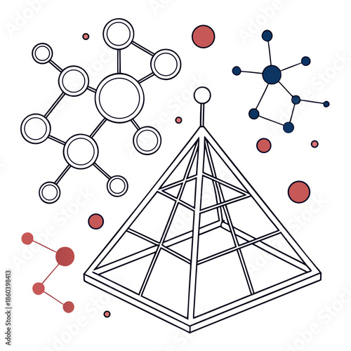 Abstract geometric illustration displaying a pyramid alongside interconnected molecular structures and scattered circular elements in blue and red