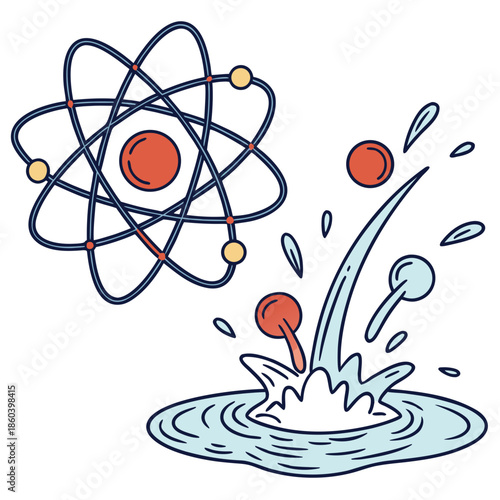 An illustration depicts an atom model with orbiting electrons experiencing a fission event and splashing into water