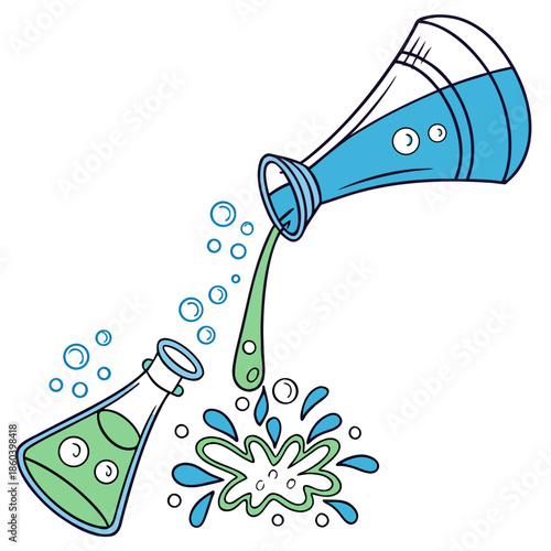 A colorful illustration depicts a chemical experiment involving liquids pouring from one flask into another with bubbles rising
