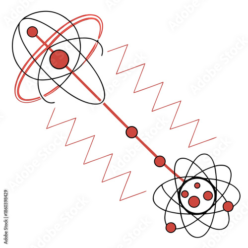 Illustration of atomic structure depicting electron orbits nuclei and a wave representing energy transfer or particle emission