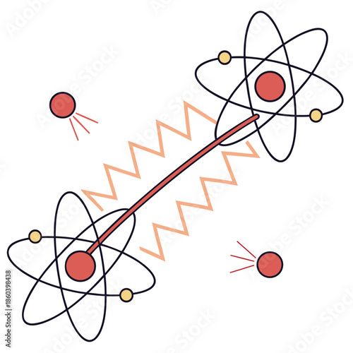 Atomic interaction and nuclear decay are visually represented with orbiting electrons and emitted radiation particles in this illustration