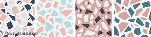 Set of colorful seamless terrazzo patterns with abstract marble stone fragments and mosaic textures for modern interior design on transparent background