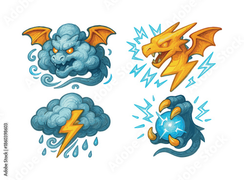 Weather creatures flat icon set. featuring storm, dragon, cloud, lightning, and energy symbols