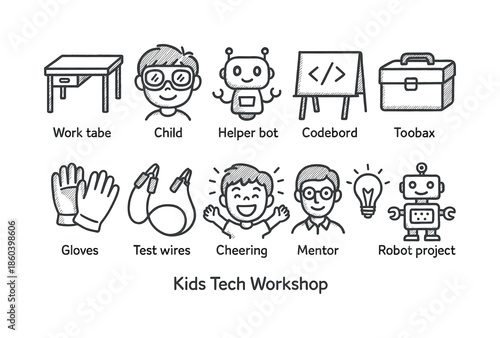 Kids tech workshop linear icon set. featuring work table, child, helper bot, codeboard, toolbox, gloves, test wires, cheering, mentor, robot project