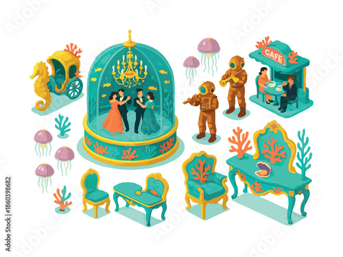 Underwater theme flat icons set. featuring aquarium, seahorse carriage, jellyfish, divers, cafe, dance, and furniture