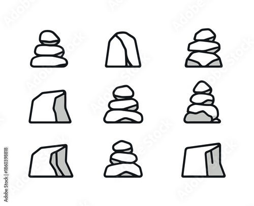 Zen and yoga linear icon set. featuring cairn, stone, meditation, balance, wellness, rock, spa, relaxation, stack, harmony