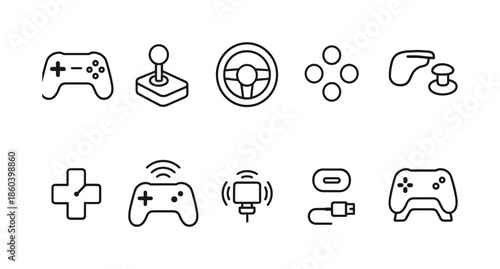 Gaming equipment linear icon set. featuring gamepad, joystick, steering wheel, buttons, and controller symbols