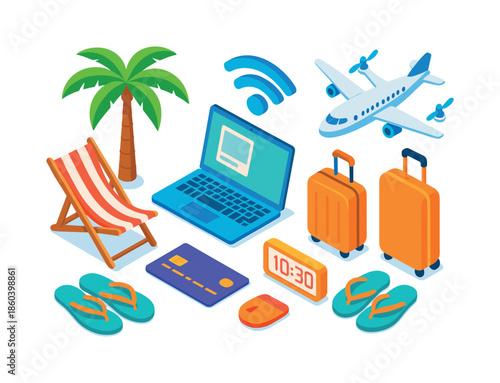 Travel essentials flat icon set. featuring laptop, airplane, suitcase, palm, flip-flops, credit card, and alarm clock symbols