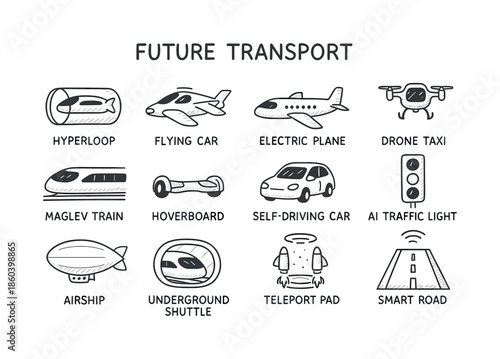 Future transport linear icon set. featuring hyperloop, flying car, electric plane, drone taxi, maglev train, hoverboard