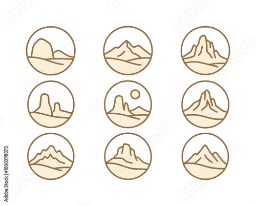 Nature landscape linear icon set. featuring mountains, valleys, desert, and sun symbols
