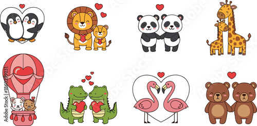 Collection of cute cartoon animal couples with hearts including penguins lions pandas giraffes crocodiles flamingos and bears for Valentine Day design