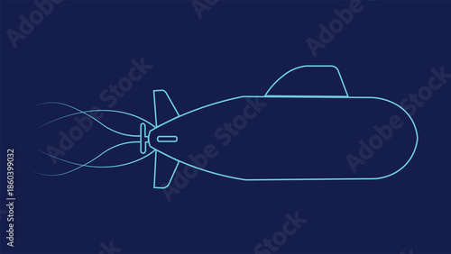 Minimal neon submarine illustration with glowing outline on dark blue background ideal for ocean technology naval defense exploration themes digital branding visuals media ux style