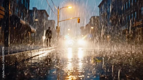 A lone person stands on a sidewalk in a city while it rains at night with car headlights approaching
