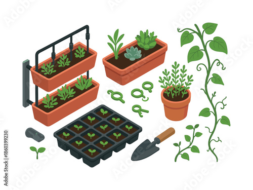 Gardening flat icons set. featuring plants, pots, herbs, seedlings, sprouts, and gardening tools