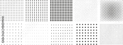 Adobe Illustrator Artwork Set of minimalist black and white halftone gradient patterns and linear dot textures for modern graphic design isolated on transparent background