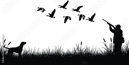 Hunter silhouette, shotgun aim, flying ducks, hunting dog, marsh grass, outdoor sport, wildlife scene, black icon, nature activity, duck hunt