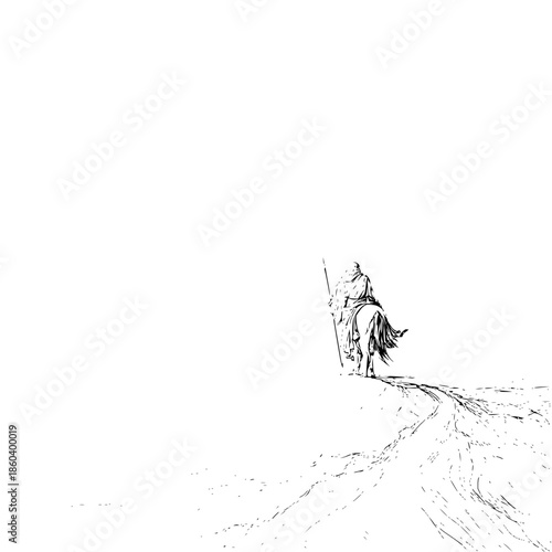 Illustration of horse rider with spear in black and white artwork on mountain landscape drawing design vector