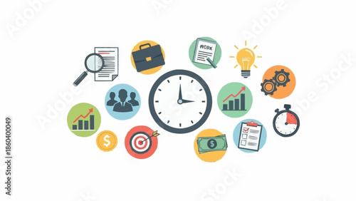 Time Management and Productivity - Clock Surrounded by Business Icons.