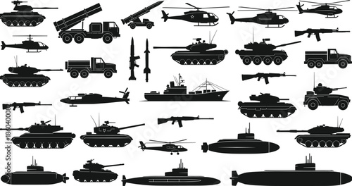 Military vehicle silhouettes, tank, helicopter, submarine, warship, missile launcher, rifle, army truck, black icons, defense equipment, combat gear, warfare