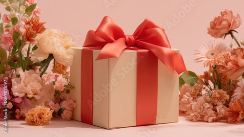 A decorative gift box with a red bow and ribbons surrounded by colorful flowers in pink, orange, yellow, white,