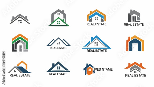 Collection of Real Estate Logo Designs with House and Roof Icons.