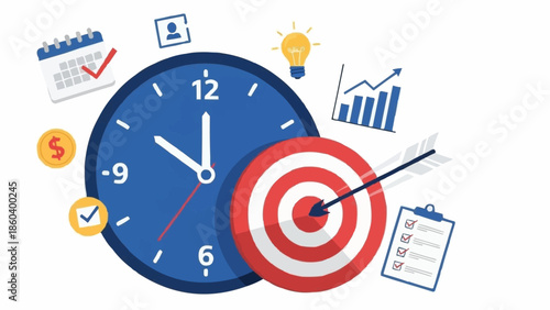 Time Management and Goal Setting - Clock, Target, and Planning Elements.