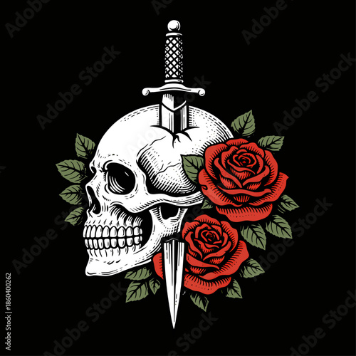 Skull with Dagger and Roses Vector Illustration.