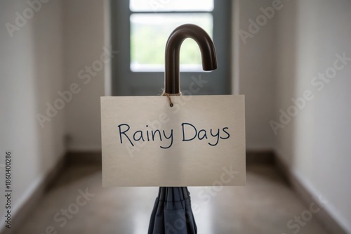 A handwritten tag stating Rainy Days is secured to the curved handle of a closed umbrella, representing preparedness for inclement weather, perfect for seasonal promotions.