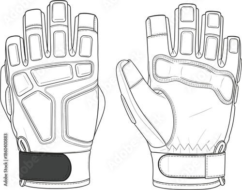 Technical line art illustration of fingerless tactical gloves featuring palm padding and wrist straps for military sports and industrial protection