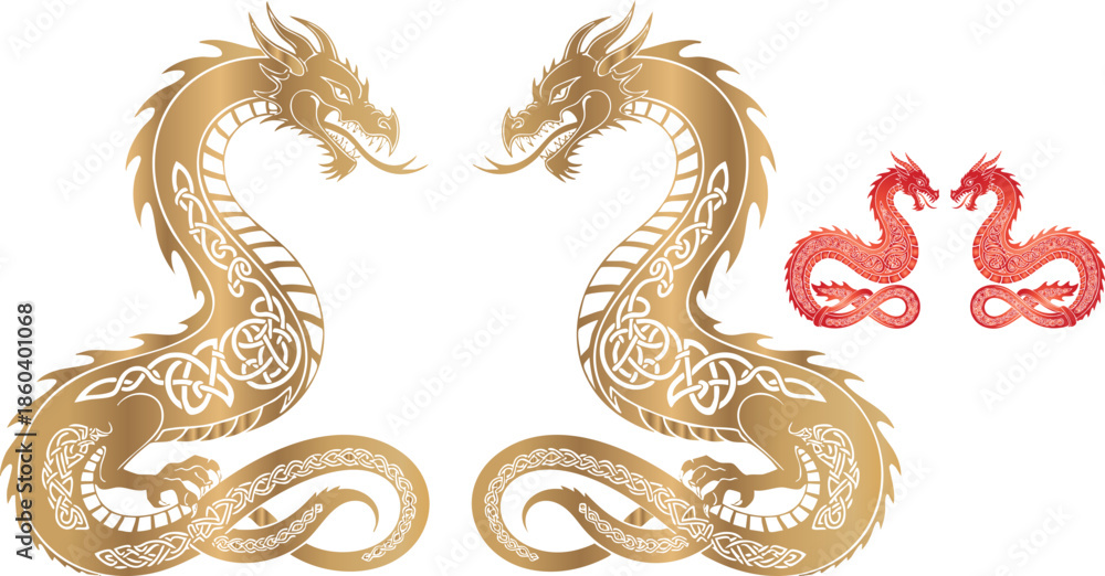 Fototapeta premium Golden Chinese style dragons forming a heart shape illustration design