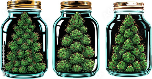 Three glass jars filled with tightly packed marijuana buds illustrating cannabis storage